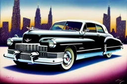 a true-to-life 1946 cadillac series 62 sedanette, centered, intricate, extreme detailed, photorealism, center view, city background, pivot on cadillac, pen and color marker painting by cheryl kelley