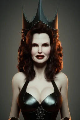 Geena Davis as evil queen in black leather, leather, busty, cleavage, angry, rage, stern look. character design by cory loftis, fenghua zhong, ryohei hase, ismail inceoglu and ruan jia. unreal engine 5, artistic lighting, highly detailed, photorealistic, fantasy