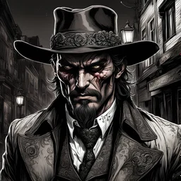 highly detailed concept illustration of an alternate reality Wild West male anti hero wanderer in dark victorian street , maximalist, sharp focus, finely detailed facial features, highest resolution, in the styles of Alex Pardee, Denis Forkas , and Masahiro Ito, boldly inked, 8k, coarse, gritty textures