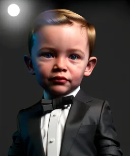 James bond toddler, full body, dramatic lighting, hyper realistic