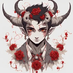 a beautiful demon boy, wears a smart shirt which is embroidered with red flowers and ornaments, has dark eyes and horns