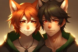 A young adult male with messy black hair, gold eyes, black cat ears, realistic, slight smile with A female with short red hair, dark green eyes, large orange fox ears on top of her head, slight smile, pale skin, realistic