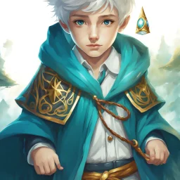 Fantasy World, A boy only wearing a wizards robe, and wearing a wizards hat. White Hair. Golden Eyes