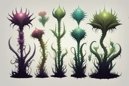Isolated concept art of 5 alien plants on a plain neutral background. Strange fictional extraterrestrial flora with unusual shapes, glowing details, thorns, spines, tendrils, roots, and exotic flowers. Each plant designed with unique silhouette and fantasy colors, digital painting style, detailed textures, science fiction botanical illustration, no background, no landscape.