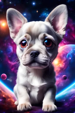 large eyed happy puppy grey frenchton in the distance a colorful intricate HEART shaped planet similar to earth in a brig ażht nebula, sparkles, cinematic lighting, vast distances, swirl, fairies, magical darkness, sharp, depth, jellyfish, cinematic eye view