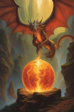 magic orb dripping with dragon fire. identical wings. fantasy setting. concept art, intricately detailed, color depth, dramatic, colorful background. painted by Jeff Easley