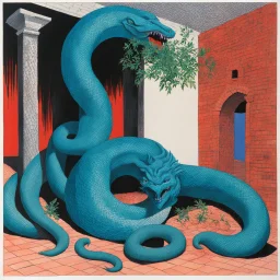 #5 Original Art by David Hockney (Vortex Comic, 1988): [greek god model in flesh] Trapped in a forgotten temple, a man and his son fight against two immense serpents. Their faces contort in pain, muscles straining against the relentless grip. Their struggle embodies resilience and the pursuit of freedom. In the decaying ruins, their defiance resonates deeply. With unwavering determination, they refuse to yield. Bound by an unbreakable bond, they draw strength from each other. Their battle echoe