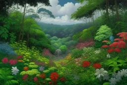 A plain filled with flowers near a jungle and a forest painted by Frank Wilson