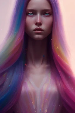 girl, cute, beautiful, long hair, rainbow hair, rainbow dress, close up portrait by Greg Rutkowski