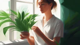 Woman holding a plant in the sunshine, interior, white shirt, instagram. digital painting. front.