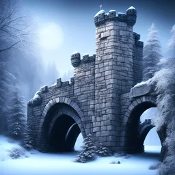 Castle wall under a natural stone bridge in snowy mountains