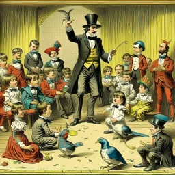 A magician stands in front of a group of children who sit in front of him on a mat on the floor and pulls out a rabbit from a top hat, the children look open-mouthed and wide-eyed and clap their hands, in the background a parrot stands on a pole and observes what is happening