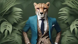 "Craft an intriguing scene where a {cheetah} stands out against a backdrop of lush {green} foliage. The cheetah is dressed in a stylish {blue} suit, accessorized with trendy sunglasses. The juxtaposition of the wild {cheetah} in this refined setting creates an eye-catching composition."