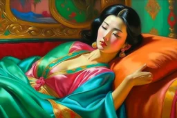 oriental woman lying on a pillow painting neoclassism bright colors zoom out realistic