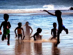 children jumping in water on the Indian beach capture them against the sun and make an art silhouette, hyper details, real sharp, 8k, well detailed, well shaped