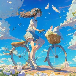 A girl is riding a bicycle on the beach. His cat is sitting in the front basket of the bicycle. Spring flowers can be seen everywhere. Beautiful blue sky with white clouds - kites in the sky. sense of peace. digital art, anime, 8k, full details