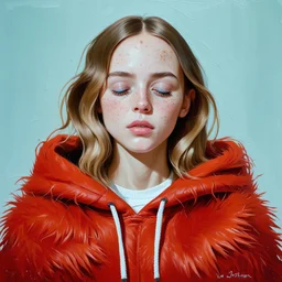 Lily rosedepp,avec un long pull a capuche en angora rouge jusquaux, polaroid, elle a les yeux fermés et les joues bleues, peinture à l'huile, des grains de beauté
