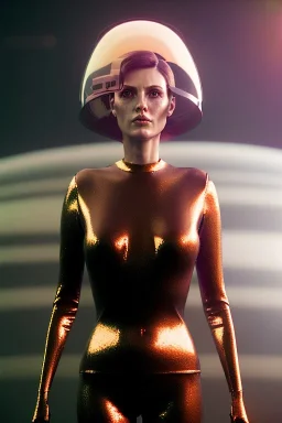 Ultra Realistic retro sci-fi scene, portrait, brunette woman, sweet Juliane Moore face, perfect iris, glow eyes, makeup. Alien Saturn background, Retro sci-fi style, helmet, tight latex coat, fog, rain, soft color, highly detailed, unreal engine 5, ray tracing, RTX, lumen lighting, ultra detail, volumetric lighting, 3d, finely drawn, high definition, high resolution.