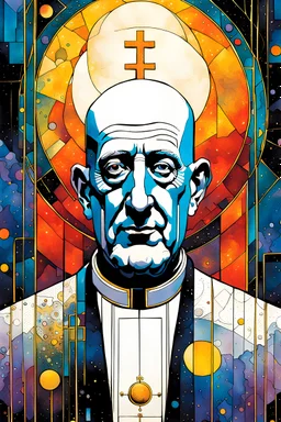 Create a chaotic abstract cubist Tarot Card depicting a post apocalyptic, The Pope , with highly detailed facial features, in the style of Bill Sienkiewicz, Philippe Druillet, Gustav Klimt, and Jean Giraud Moebius, precisely drawn, colored and inked