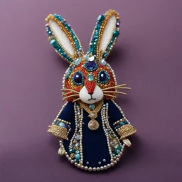 An elegant handmade brooch, richly embroidered with beads, bugles, sequins, crystals and stones, in the shape of a hare in a magician's hat, a bold and intricate design, sparkling and eye-catching, will be the perfect complement to an evening outfit, luxurious and detailed.