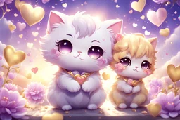 cute anime chibi cat couple, love, valentine day scene, hearts, flowers in sunshine Weight:1 heavenly sunshine beams divine bright soft focus holy in the clouds Weight:0.9 in purple, golden glitters