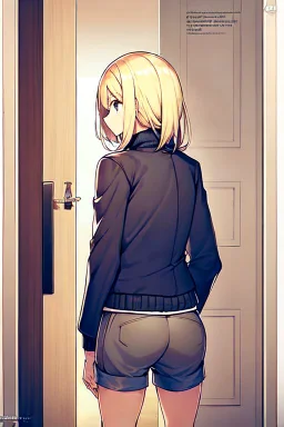 blonde girl with short jacket and shorts runs in a corridor in front at a mystery door, back view, line arts, manga page