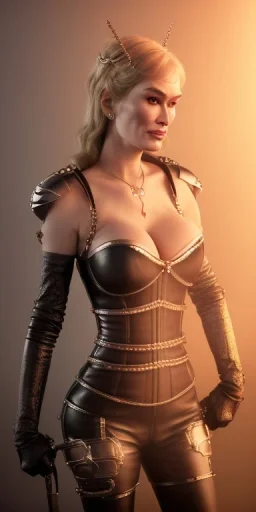 Cersei Lannister as evil mistress in black leather, dominatrix, bdsm, busty, cleavage, curvy, lena headay, angry, stern look. character design by cory loftis, fenghua zhong, ryohei hase, ismail inceoglu and ruan jia. unreal engine 5, artistic lighting, highly detailed, photorealistic, fantasy