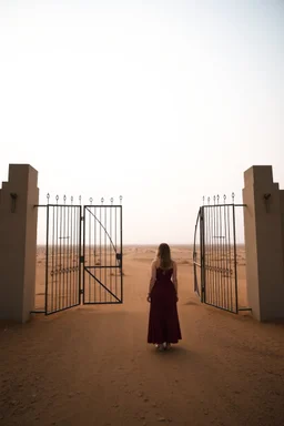 a woman standing in front of a gate like a mirror in the middle of the desert in foggy sky