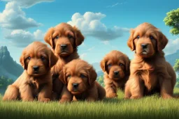 digital gouache matte painting, volumetric nature environment, organic, (( cute ( irish setter puppies and golden retriever puppies ) playing together )), close-up portrait, elegant, intricate, realistic shaded volumetric lighting, volumetric clouds, concept art, detailed eyes, illustration, 8k, uhd, hires, backlight, centered camera view, vitality colors, ambient occlusion, sunlight caustics, design and art by sam curry