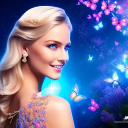 Full body Princess, sexy woman blondie, make up, beautiful smiling face,blue eyes, beautiful place,amazing, flowers, colors, blue and pink butterfly, realistic, photo real, stars night, detailed, high contrast, 8k high definition, unreal engine 5, extremely sharp detail, light effect, light background