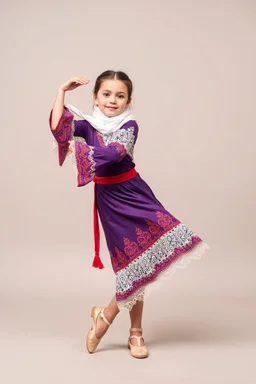 simple background, full body of very pretty little girl in azeri dance costum and with dance shoes,in relax pose,with a lace scarf