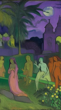 A purple graveyard with dancing ghosts painted by Paul Gauguin
