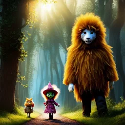 cute fluffy lion, scarecrow, tin-man, little girl on a journey into the woods walking on a yellow brick road, cute adorable pop surrealism, lowbrow art, realistic, street fashion, fluffy , pixar style, hyperrealism, rococo, Pixar, Disney, concept art, 3d digital art, Maya 3D, ZBrush Central 3D shading, bright colored background, radial gradient background, cinematic, Reimagined by industrial light and magic, 4k resolution post processing 8k resolution holographic astral cosmic illustra