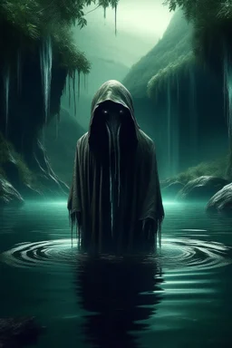 A scary hooded alien creature standings in lake with waterfalls in side a cave underground