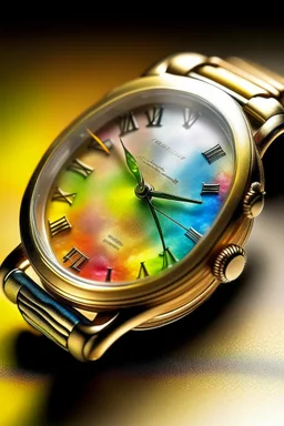 Craft an image of an antique wristwatch, where the watch face is transformed into a shimmering, translucent rainbow."