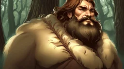 fantasy style illustration: a huge man, bigger than the biggest oak in the biggest forest. On this man was a huge mantle made of thick linen, and he girded himself with a belt of five fathoms, and his beard is like a stack of cornsilk. He is i the forest.