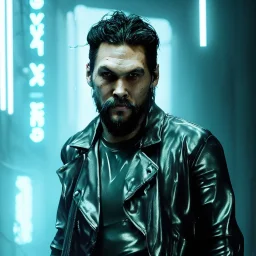 Actor, jason momoa, blade runner style, rain, fog, neon ambient, gradient color, clean skin, circuits, latex coat, cyber punk, neon, tubes, portrait, photo studio, unreal engine 5, smooth color, 16 bit, god lights, ray tracing, RTX, lumen lighting, ultra deatail, volumetric lighting, 3d, finely drawn, hd.