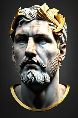 Ultra Realistic image, Roman sculpture, white marble material, Lionel Messi, gold Laurel leaves wreath, renaissance ornaments, radial gold lines, one gold star in heart, sun ornament, sun rays background, chisel style, waist up portrait, emperor style, epic, celestial, cinematic lighting, God light, god rays, 4k resolution, smooth details, ornate details, soft lighting, unreal engine 5, art station, substance 3d.