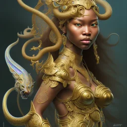 Sango fantasy, fantasy magic, intricate, sharp focus, illustration, highly detailed, digital painting, concept art, matte, art germ and Paul Lewin and Kehinde Wiley, masterpiece Indonesian lady head bronze tiger Asian African girl nice breast Hawaiian hair turquoise golden waves