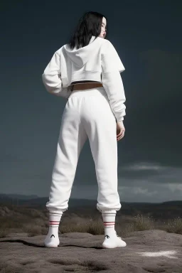 Billie Eilish, kneeling, underpants, white socks, rear view, pale skin, high detail, realistic, 8k, not to be distinguished from a photo