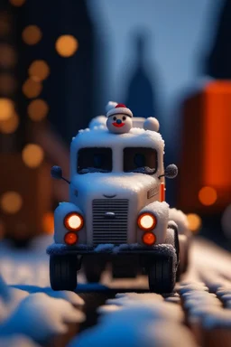 snowman transported on a huge lorry, zeiss prime lens, bokeh like f/0.8, tilt-shift lens 8k, high detail, smooth render, down-light, unreal engine, prize winning