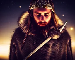 a sad and lonely viking looking up at the stars at night, hyper realistic, 8k, insane detail, atmospheric background, crying eyes, big fur coat, long braided hair, sharp focus, soft background, dynamic lighting, viking helmet, night time