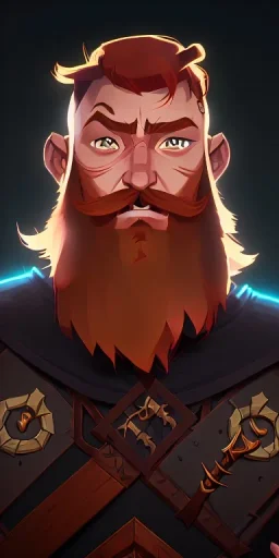 Dungeons and dragons character, warrior dwarf male, friendly face, high detail, High definition, ginger braided beard, ginger long hair in a bun, heavy armor, short height, black backdrop, mustache, battle ax, cape