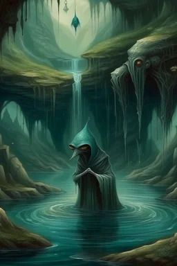 In Bosch painting style A scary hooded alien creature standings in lake with waterfalls in side a cave underground