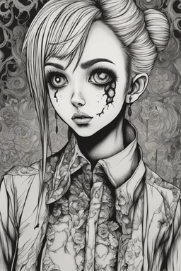 create a full body portrait illustration of a vampire gothpunk girl with highly detailed , sharply defined feminine facial features, in a chaotic, turbulent, otherworldly London in the anime style of Junji Ito, precisely drawn, inked, with dramatic edges,