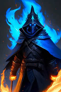 A commander with a matte black combat helmet and eyes with bright blue flaming pupils, a black cape and a long coat with long combat boots and a long, sharp and fiery spear and with his helmet under his cape and two blue flames instead of eyes