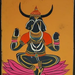 cow with hands and wings holding a lotus and sword in Indian painting style