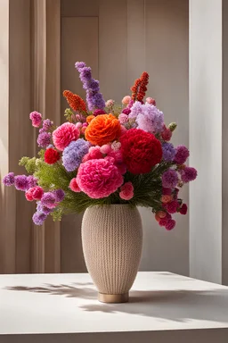 november very sunny day at 11 a.m., volumetric lighting, intricate qwilling floral bouquet in a metamodernist knit vase on brutalist table, eye-catching, vivid, product-focused, sharp focus, overcomplicated and sophisticated composition, contemporary urban art gallery, hyper detailed, intricate details, purism, professional studio photography with Leica Hermes Edition M7 camera