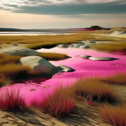 Magenta psychic wetlands near a beach designed in Ica stones painted by Edgar Degas