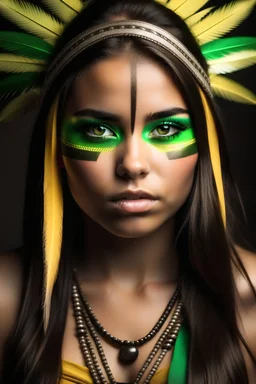 Beautiful girl with rainbow eyes, warrior, Native American, green and gold eyes, strong, sad, resilient, full body tough stance, photo-real